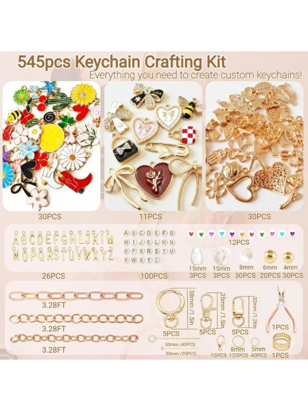 545Pcs Keychain Making Kit - DIY Jewelry Supplies, Charms, Pearls & Chains